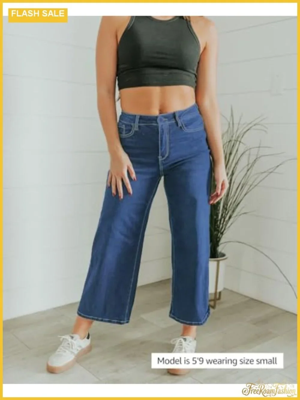 Wide Leg High Waist Cropped Stretch Denim Jeans 5-Pocket